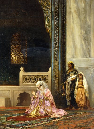 1878年、ブルサのグリーンモスクで祈るトルコの女性 作： Stanislaus von Chlebowski