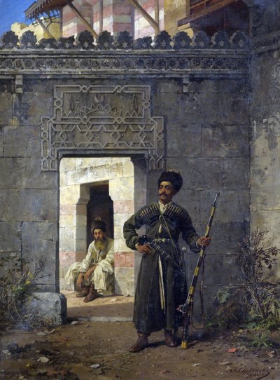 "Les gardes tcherkesses" (The Circassian guards) peinture de Stanislav Khlebovsky (Khlebovski) (1835-1884) - 1880 - キャンバスに油彩 Dim 55,5x41,2 cm Private Collection 作： Stanislaus von Chlebowski