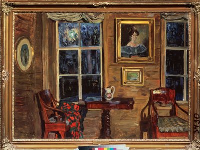 古い家で。 スタニスラフ・ユリアノビッチ・ジュコフスキー（ジュコフスキー）（1873-1944）による絵画、キャンバスに油彩 作： Stanislav Joulianovitch Joukovski