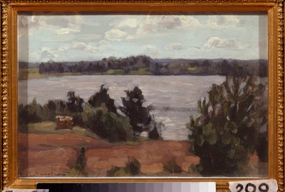 湖のほとり。 スタニスラフ・ユリアノビッチ・ジュコフスキー（ジュコフスキー）（1873-1944）の作品、ボール紙に油彩 作： Stanislav Joulianovitch Joukovski