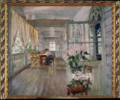 大邸宅のテラス。 スタニスラフ・ユリアノビッチ・ジュコフスキー（ジュコフスキー）（1873-1944）による絵画、キャンバスに油彩。 ロシア美術 作： Stanislav Joulianovitch Joukovski