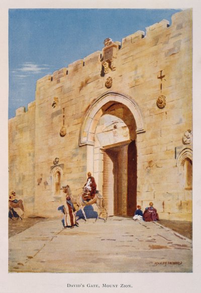 パレスチナ・エルサレムのダビデ王門（シオン門）を描いたStanley Inchboldの水彩画 1906年 作： Stanley Inchbold