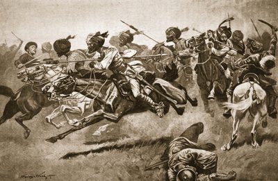 パオティンフーへの遠征について。ベンガル・ランサーズの突撃（「Battles of the Nineteenth Century:アーチボルト・フォーブス、G.A.ヘンティ、アーサー・グリフィス少佐による「19世紀の戦い：第7巻、1900-1901年の中国戦争」の挿絵（リトグラフ）。 作： Stanley L. (after) Wood