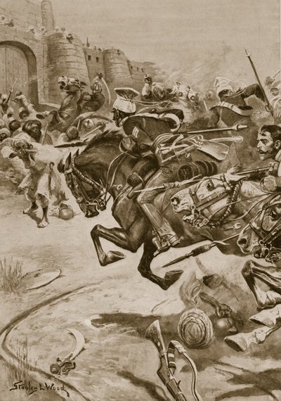 1828年12月、バラトプルにジャットを追い込む第11ランサーズとスキナーの馬（リトグラフ 作： Stanley L. (after) Wood