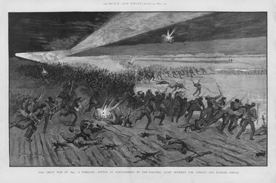 アレクサンドロヴノの戦い」は、ロシアとドイツの戦争で、夜の戦場を電光で照らす戦闘シーンをイメージしたもの（リトグラフ）。 作： Stanley L. (after) Wood