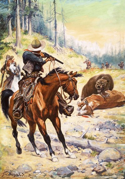 アメリカのカウボーイたちが、牛の死体の上にうずくまっている熊を取り囲む 作： Stanley L. Wood