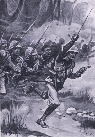 1874年1月31日、アモアフルでアシャンティ族を攻撃するイギリス人、イギリスと陸海の戦い1915年のイラスト 作： Stanley L. Wood