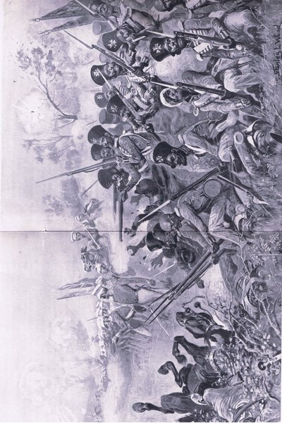 1849年1月13日、チリアンワラ：シーク教徒に囲まれたときに勇敢な立場をとる女神旅団、1915年の陸と海でのイギリスの戦いのイラスト 作： Stanley L. Wood