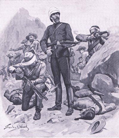 1879年3月、インローバネ山のブラー大佐、1915年の陸と海でのイギリスの戦いのイラスト 作： Stanley L. Wood
