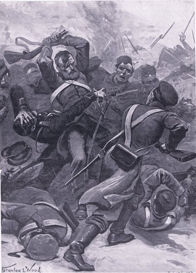 インカーマン：ロシア人に請求する第55（第2国境）連隊、陸と海でのイギリスの戦いのイラスト、1915 作： Stanley L. Wood