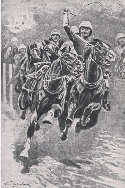 1880年7月17日、マイワンドで銃を持ち込んだマクレイン中尉、1915年の陸と海でのイギリスの戦いのイラスト 作： Stanley L. Wood