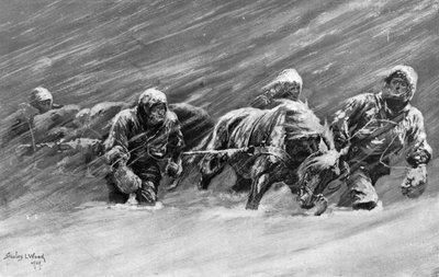 吹雪の中のトレッキング、1909年 作： Stanley L Wood