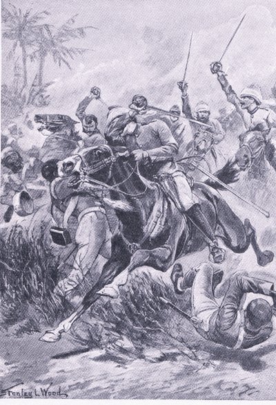 1857年6月30日、ラクナウ外での騎兵隊のボランティア、陸と海でのイギリスの戦い、1915年のイラスト 作： Stanley L. Wood