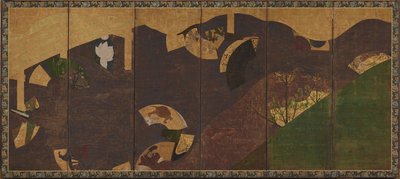 ツタのつる、橋、浮き扇、桃山時代または江戸時代、17 世紀初頭。 作： Sôtatsu