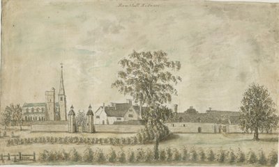 ハムストール・リッドウェア-教会とマナーハウス：水彩画、nd [1762-1802] 作： Stebbing Shaw