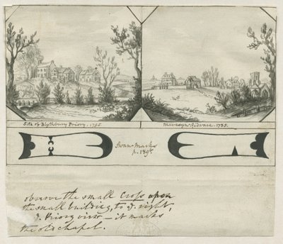 Mavesyn Ridware-ブライスベリー修道院のサイト：墨絵、1795年 作： Stebbing Shaw