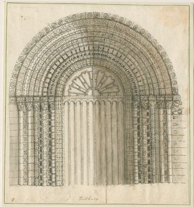 タットベリー修道院教会-西ドアのアーチ：ペンとセピア色の描画、nd [1762-1802]（印刷） 作： Stebbing Shaw