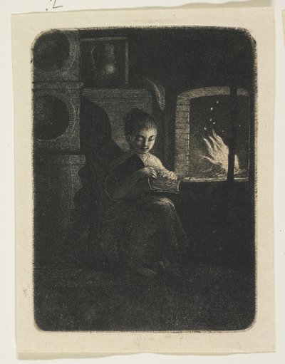 火のそばで読書する少女 作： Stefan Juliusz Norblin de la Gourdaine