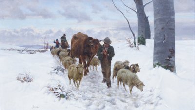 雪が降った後、市場から戻ってくるところ、1877年以前（油彩・キャンバス） 作： ステファノ・ブルッツィ