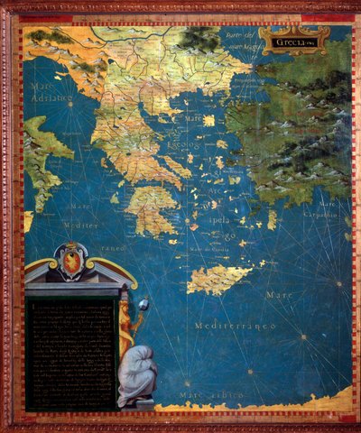 イタリアの宇宙学者・画家であるステファノ・ボンシニョーリ(? -1589)が作成したギリシャの地図。1581年頃フィレンツェ、ヴェッキオ宮殿、マッパモンドの部屋（Sala del Mappamondo 作： Stefano Buonsignori