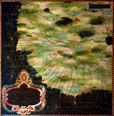 ステファノ・ボンシニョーリ（Buonsignori）（1589年没）による西アフリカ沿岸（リビア、ギニー、シエラレオネ、セネガル）の地図 1581年 地理的地図の部屋のキャビネットの絵。ヴェッキオ宮殿、マッパモンドの部屋 フィレンツェ 作： Stefano Buonsignori