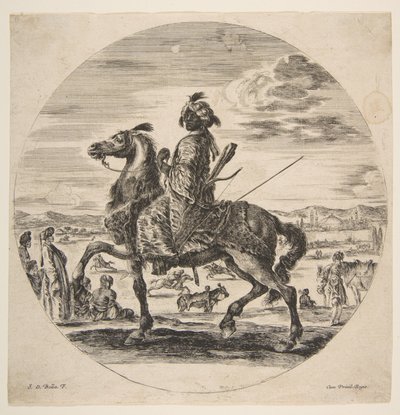 左に向いているムーア人の騎士、中央の地面に立って座っているトルコ人、...、ca。 1651年。 作： Stefano della Bella