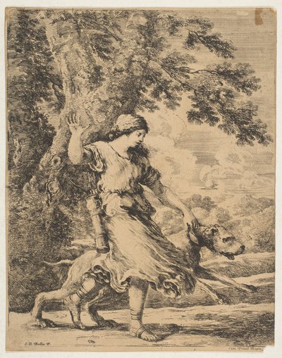 ニンフが大型犬の首輪を持っている図 1654年頃 作： Stefano della Bella