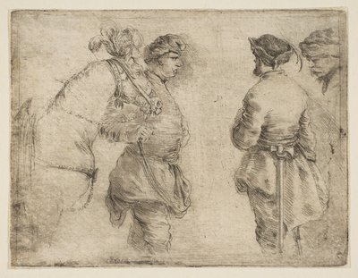 手綱で馬を導き、他の2人の男性と話すポール。 1662。 作： Stefano della Bella