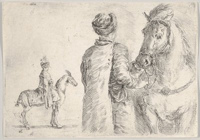 後ろから見た、馬の手綱を右に持っているポーランドの係員。 1662年。 作： Stefano della Bella