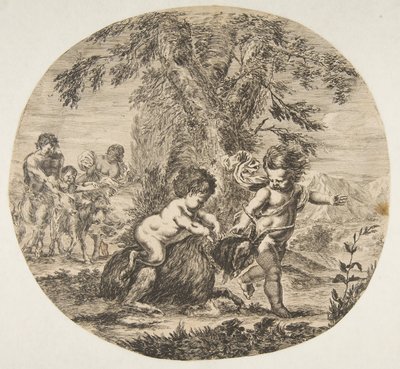 ヤギと遊んでいる子供とサテュロスの子供。 1657 作： Stefano della Bella