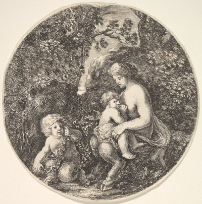 右に子供を母乳で育てる女性のサテュロス、左に向けて、サテュロスの子供...、1639年。 作： Stefano della Bella