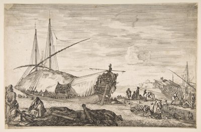 左の帆で覆われたギャレー、6つの大砲、前景で左に4人、1つ...、1655年。 作： Stefano della Bella