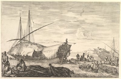 左の帆で覆われたギャレー、6つの大砲、4つの人々が前景で左...、ca。 1652-57。 作： Stefano della Bella