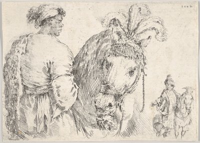 横顔の左側の男性が中央の馬に一握りの干し草を与え、騎手が馬に…、ca. 1662年。 作： Stefano della Bella