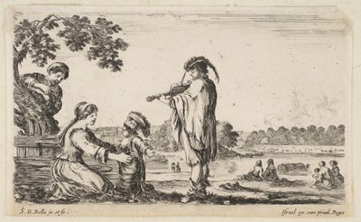 中央でバイオリンを弾く男性、横顔で左を向いた、座っている女性は...、1649年。 作： Stefano della Bella