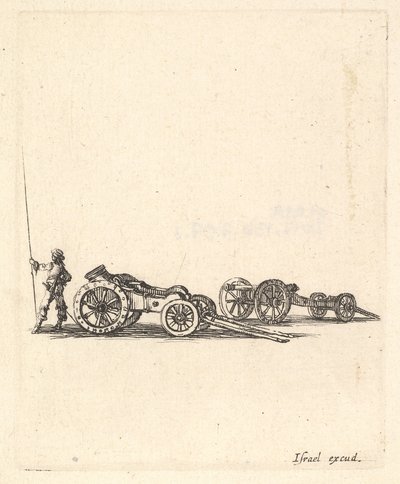 馬車に搭載された迫撃砲と大砲、後部駅から見た兵士... 1638-43。 作： Stefano della Bella