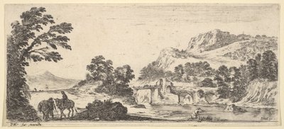 女性を乗せたラバと農民がラバを左に、漁師を連れて歩いて…。 1641年。 作： Stefano della Bella