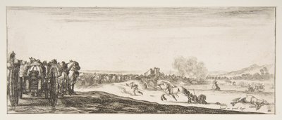 左に馬車の大砲の行列、戦闘中の騎手、そして死んだホー...、約。 1641年。 作： Stefano della Bella