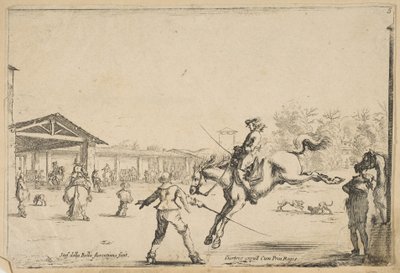 乗馬学校、剣を持つ別の男によって監督された剣ジャンプを持つ騎士...、ca。 1645年。 作： Stefano della Bella