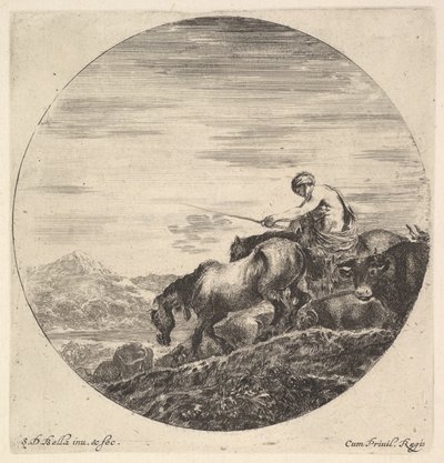 羊飼いの右、左向き、動物の群れを下り坂、丸いコンプ...、およそ1643-48。 作： Stefano della Bella