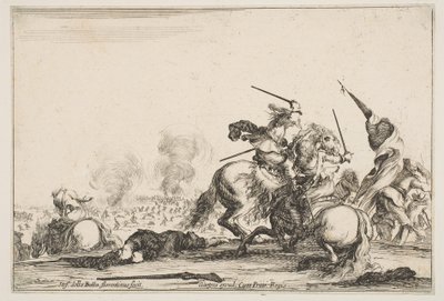 小競り合い、2人の騎士が剣を右に向けて戦っています。 1645年。 作： Stefano della Bella