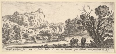 中央の背景にある山から下る滝、さまざまな動物、...、ca。 1641年。 作： Stefano della Bella