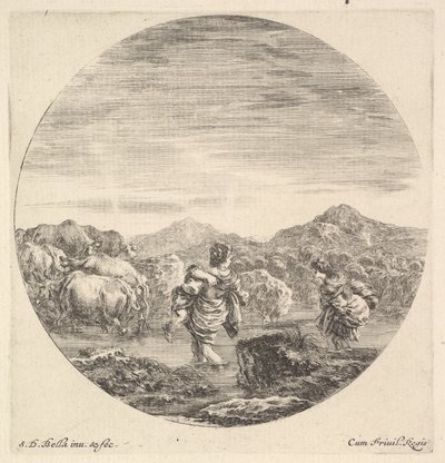 後ろから見た中央に子供を抱えた女性、右側に別の女性、facin..., ca. 1643-48。 作： Stefano della Bella
