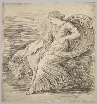 若い雄牛の角に巻き付けられたロープを引っ張る横顔の女性。 1660年。 作： Stefano della Bella