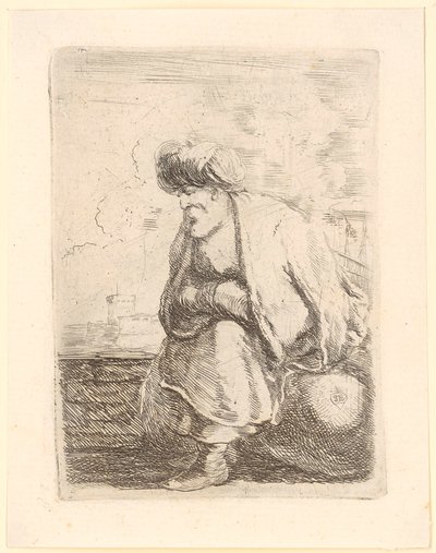 コートとターバンを身につけた年配のトルコ人が石の上に座っている 作： Stefano della Bella