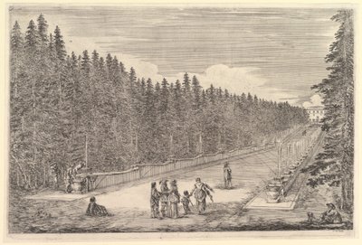 噴水の路地、中央の人々のグループ、右に座っている人と犬、2、...、ca。 1653年。 作： Stefano della Bella