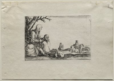 Caprices：2人の子供を持つ座っている乞食女。 作： Stefano della Bella
