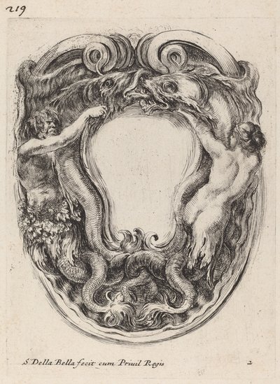 トリトンとサイレンに支えられたカルトゥーシュ、1647年。 作： Stefano della Bella