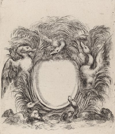 アヒルと犬のいるカルトゥーシュ、1647年。 作： Stefano della Bella