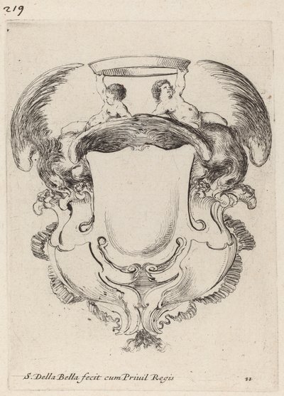 ワシと王冠を持った 2 人の幼児を描いたカルトゥーシュ、1647 年。 作： Stefano della Bella